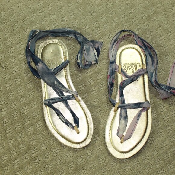 Sseko Design Women's 6.5 Purple Pink Tie Dye Chiffon Fabric Ankle Wrap Sandals - Picture 1 of 5